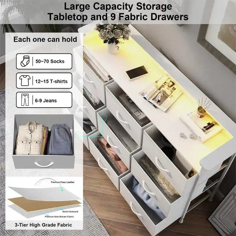Commode en tissu à 4 tiroirs avec lumière LED et ports de charge, blanche