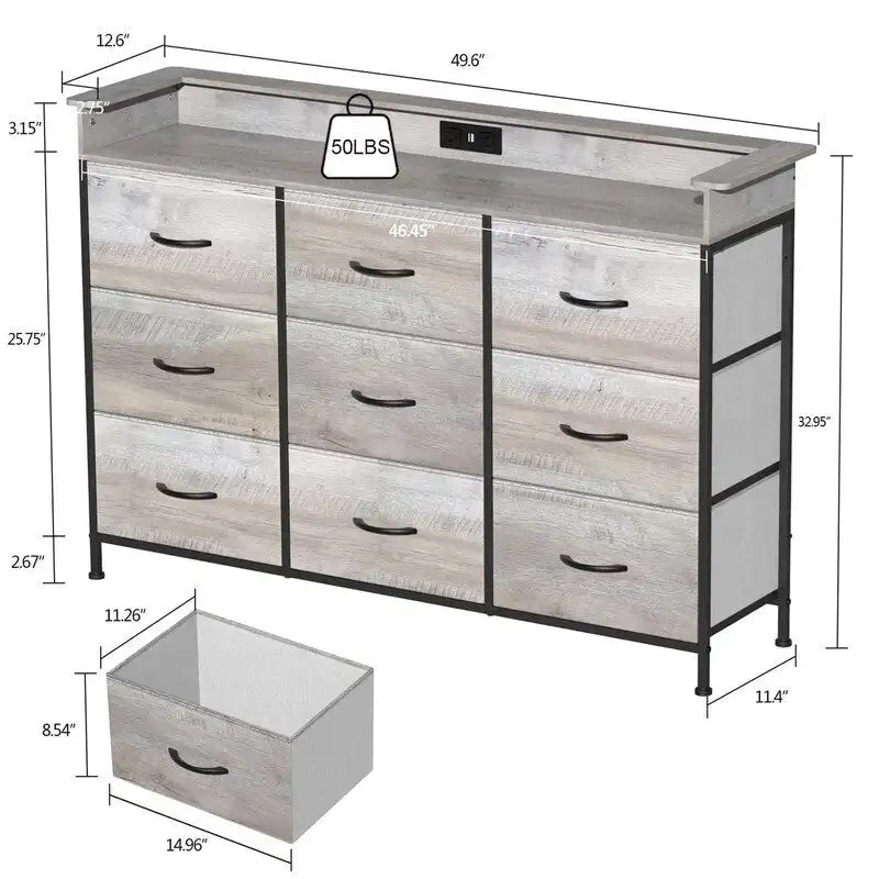 Commode en tissu à 4 tiroirs avec lumière LED et ports de charge, blanche