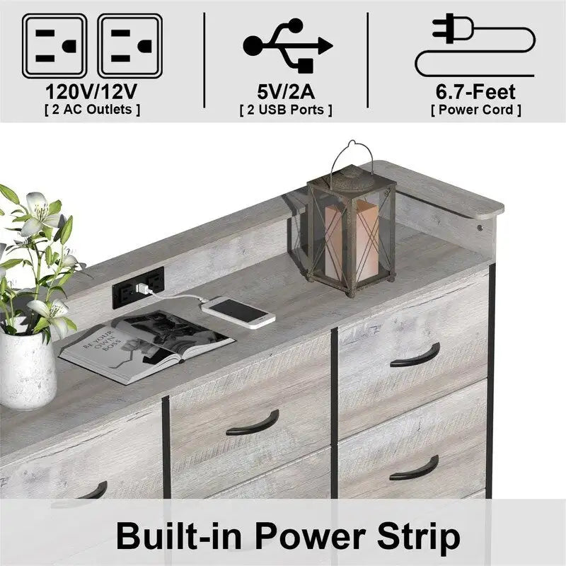 Commode en tissu à 4 tiroirs avec lumière LED et ports de charge, blanche