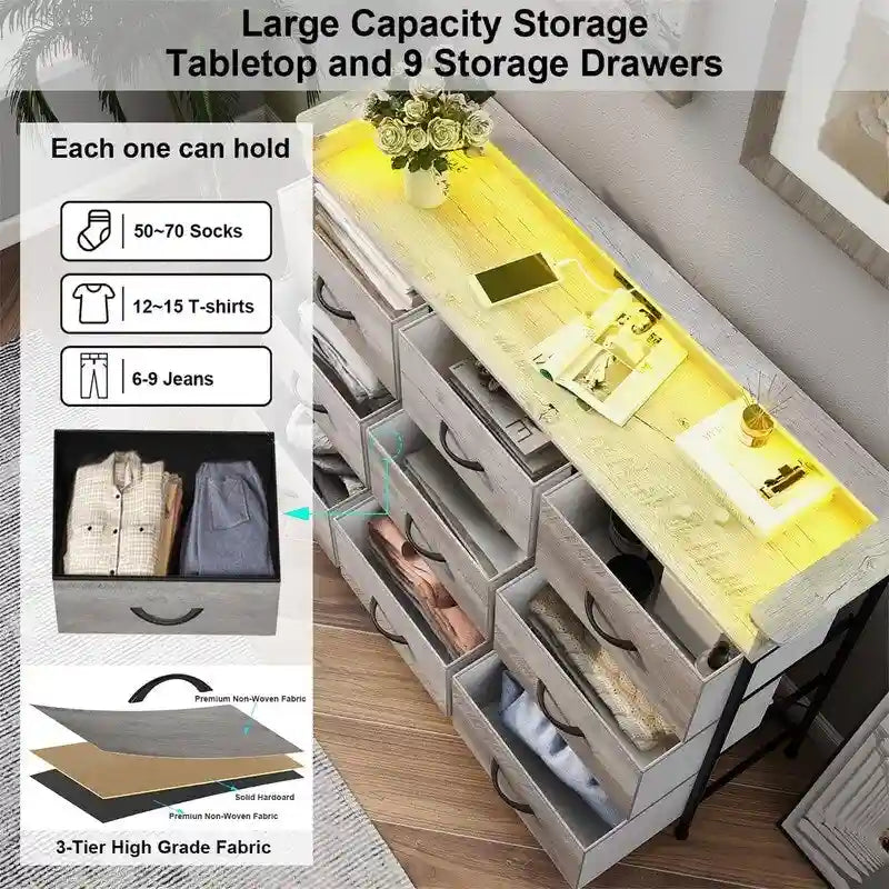Commode en tissu à 4 tiroirs avec lumière LED et ports de charge, blanche