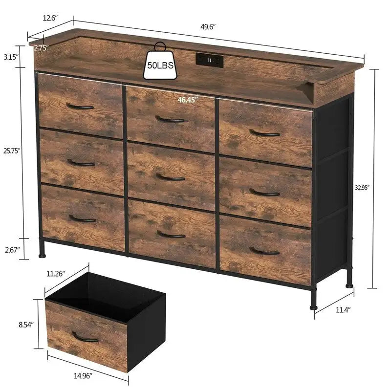Commode en tissu à 4 tiroirs avec lumière LED et ports de charge, blanche