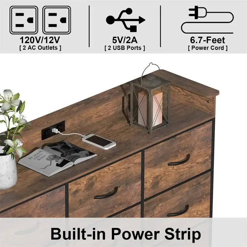 Commode en tissu à 4 tiroirs avec lumière LED et ports de charge, blanche