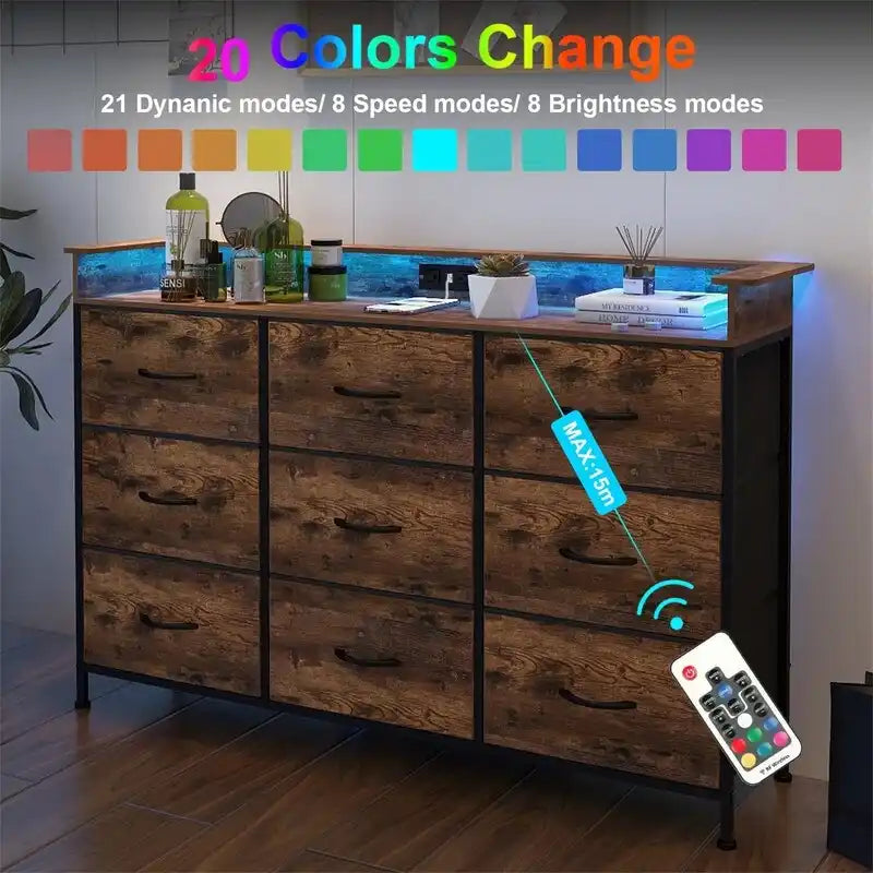 Commode en tissu à 4 tiroirs avec lumière LED et ports de charge, blanche