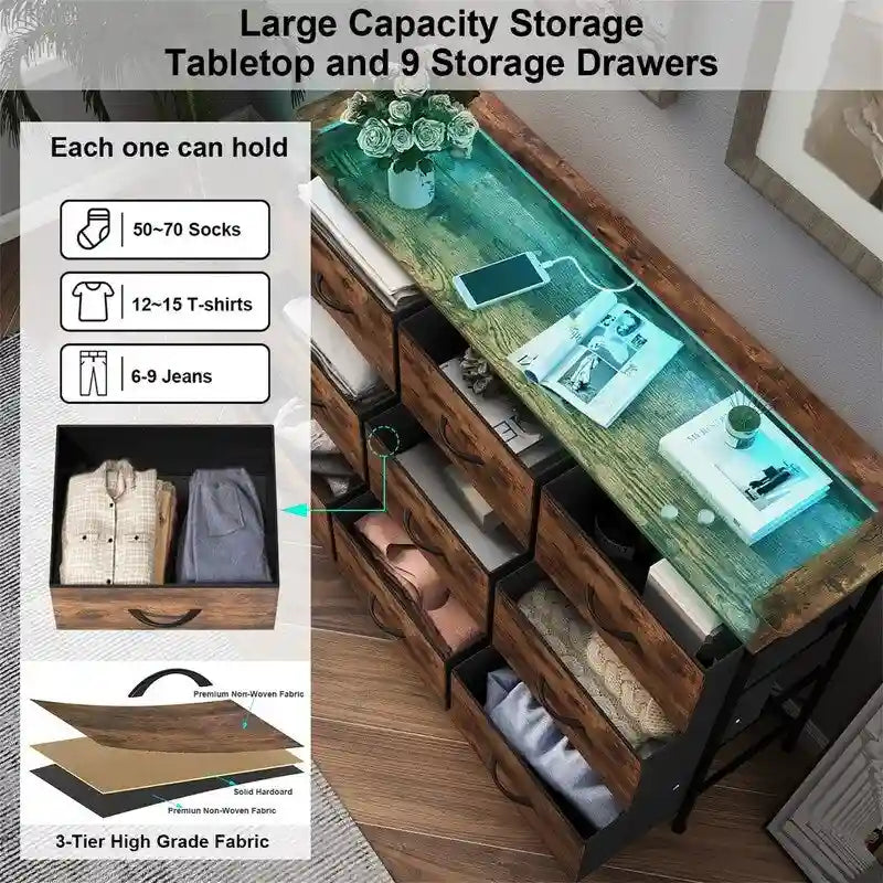 Commode en tissu à 4 tiroirs avec lumière LED et ports de charge, blanche