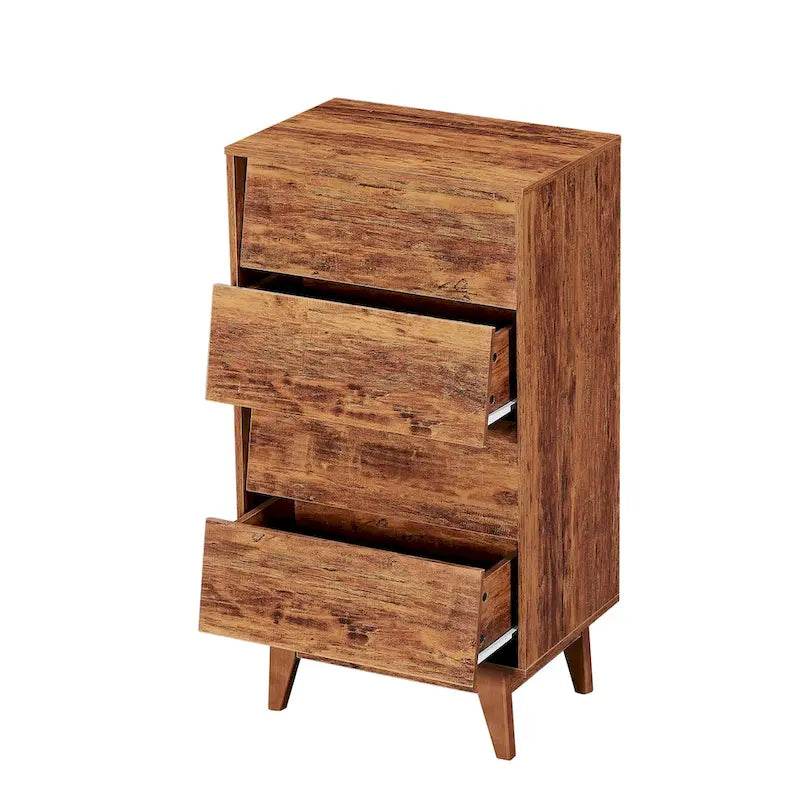 Commode 4 tiroirs en bois avec motif biseauté et pieds en bois massif marron