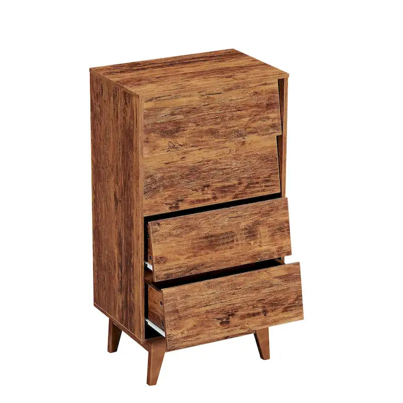 Commode 4 tiroirs en bois avec motif biseauté et pieds en bois massif marron
