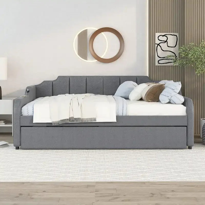 Lit de repos double rembourré gris avec lit gigogne et chargeur USB