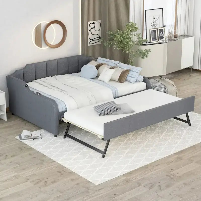 Lit de repos double rembourré gris avec lit gigogne et chargeur USB