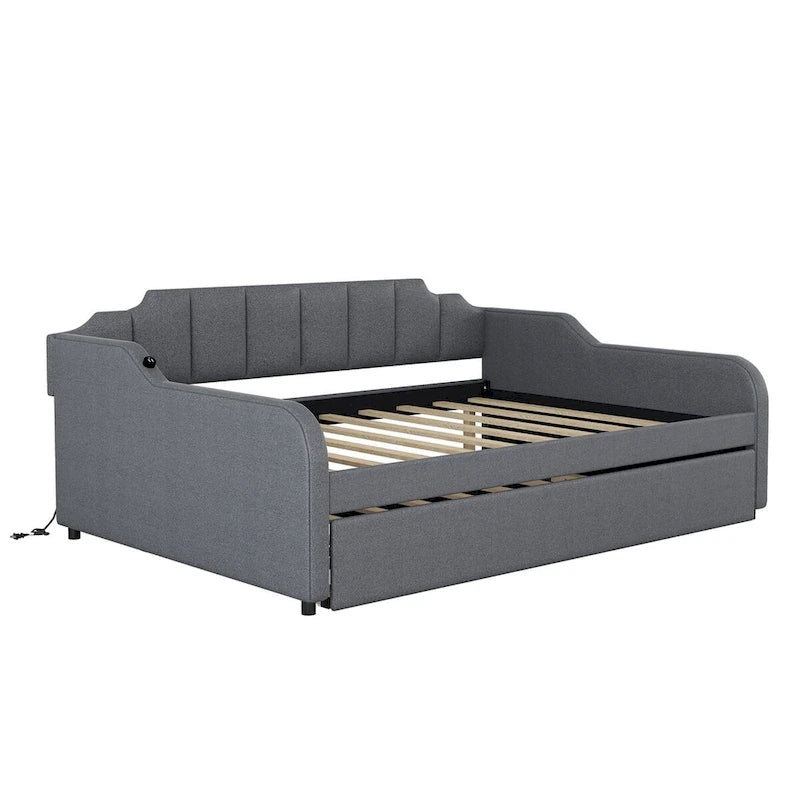 Lit de repos double rembourré gris avec lit gigogne et chargeur USB