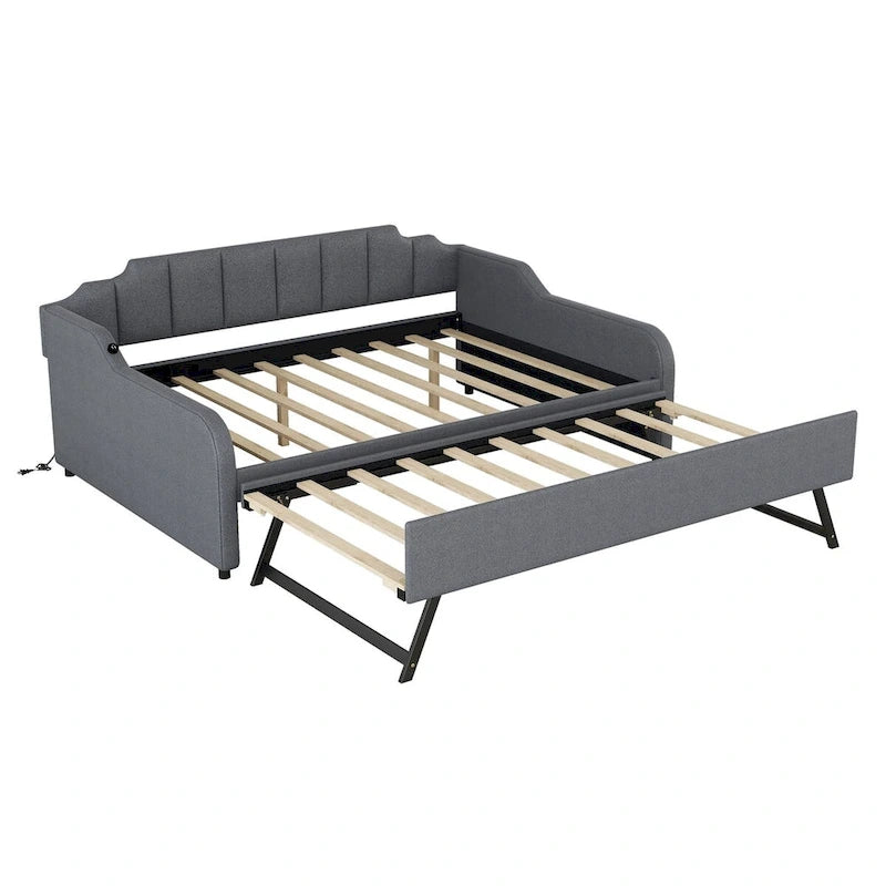 Lit de repos double rembourré gris avec lit gigogne et chargeur USB