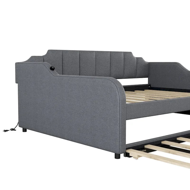 Lit de repos double rembourré gris avec lit gigogne et chargeur USB