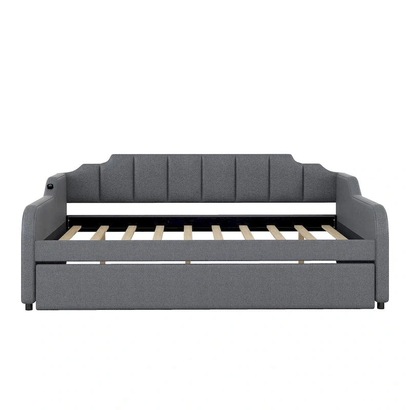 Lit de repos double rembourré gris avec lit gigogne et chargeur USB