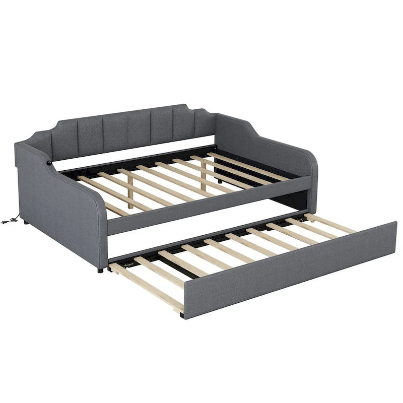 Lit de repos double rembourré gris avec lit gigogne et chargeur USB