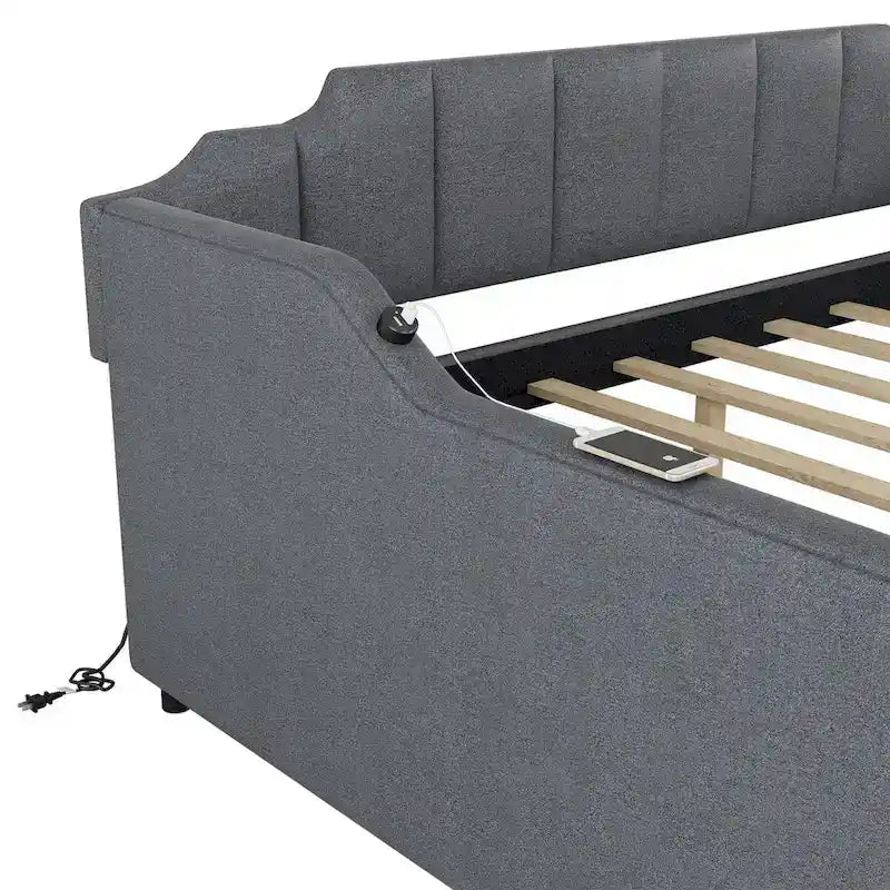 Lit de repos double rembourré gris avec lit gigogne et chargeur USB