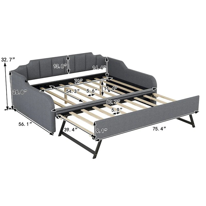 Lit de repos double rembourré gris avec lit gigogne et chargeur USB