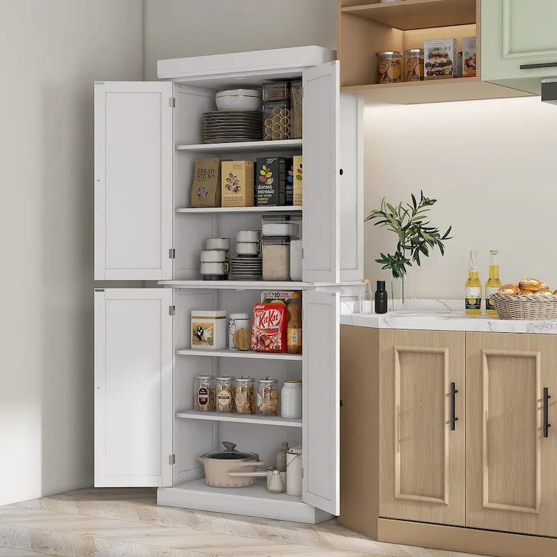 Meuble de rangement haut de cuisine avec 4 portes et étagères réglables Noir Blanc