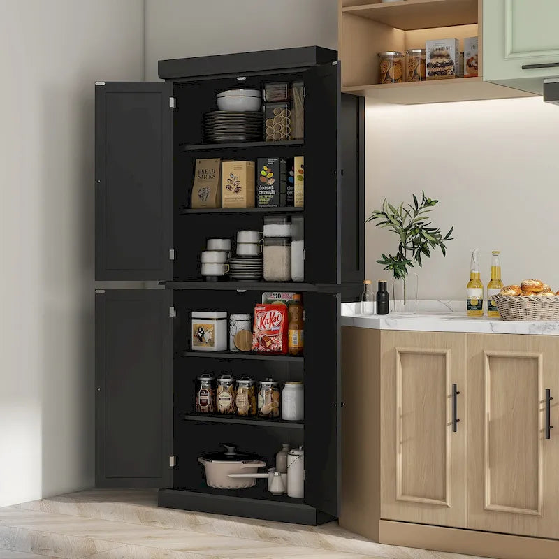 Meuble de rangement haut de cuisine avec 4 portes et étagères réglables Noir Blanc