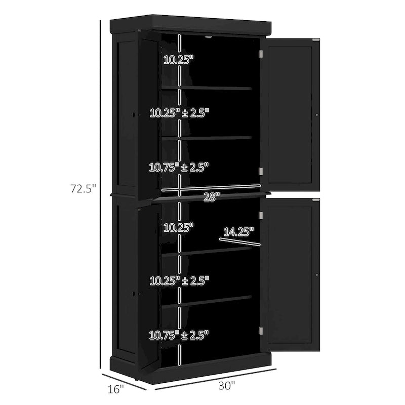 Meuble de rangement haut de cuisine avec 4 portes et étagères réglables Noir Blanc