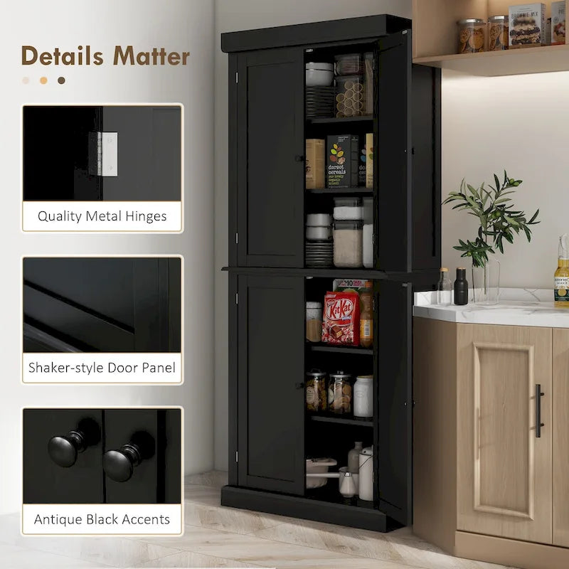 Meuble de rangement haut de cuisine avec 4 portes et étagères réglables Noir Blanc