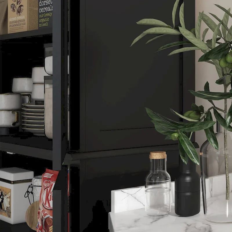 Meuble de rangement haut de cuisine avec 4 portes et étagères réglables Noir Blanc