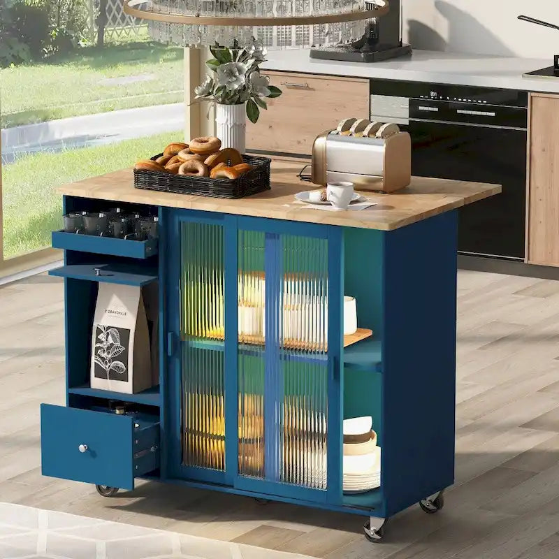 Desserte de cuisine roulante avec portes coulissantes en verre cannelé et éclairage LED
