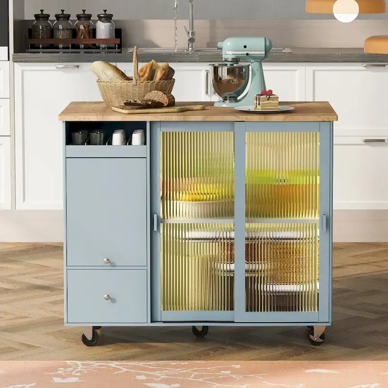 Desserte de cuisine roulante avec portes coulissantes en verre cannelé et éclairage LED