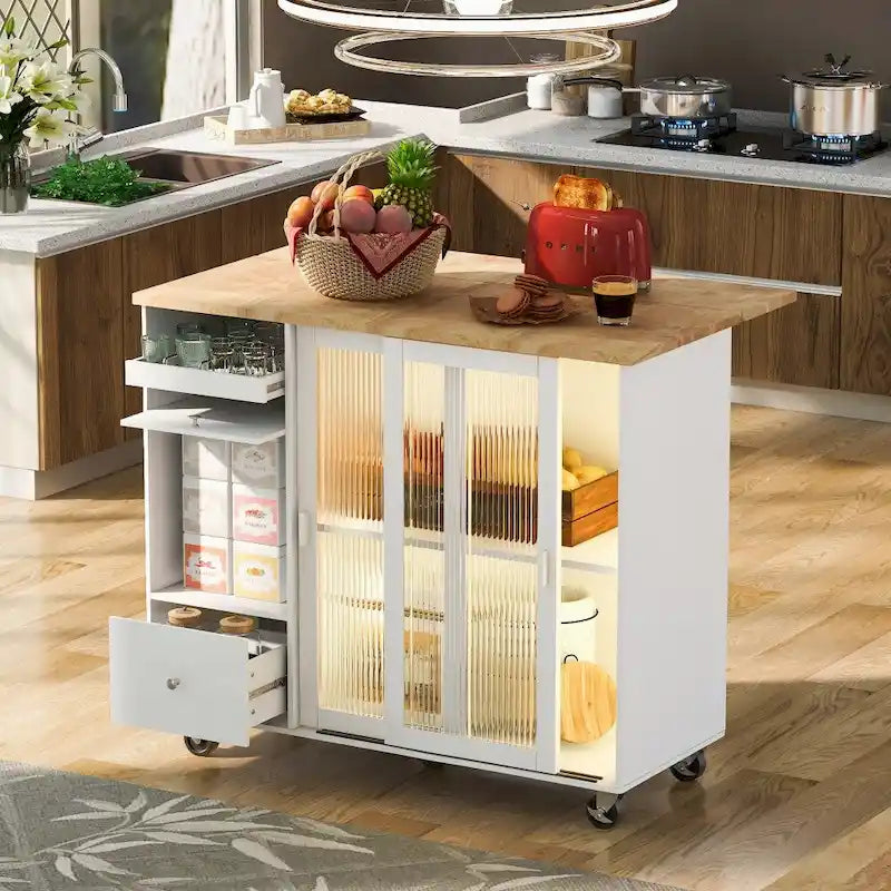 Desserte de cuisine roulante avec portes coulissantes en verre cannelé et éclairage LED