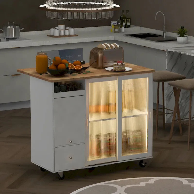 Desserte de cuisine roulante avec portes coulissantes en verre cannelé et éclairage LED