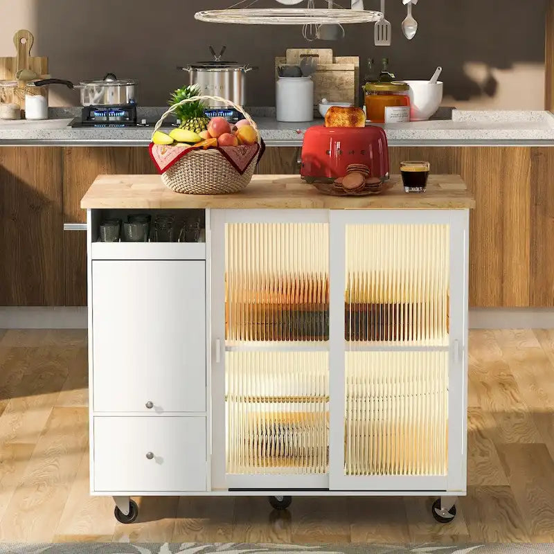 Desserte de cuisine roulante avec portes coulissantes en verre cannelé et éclairage LED
