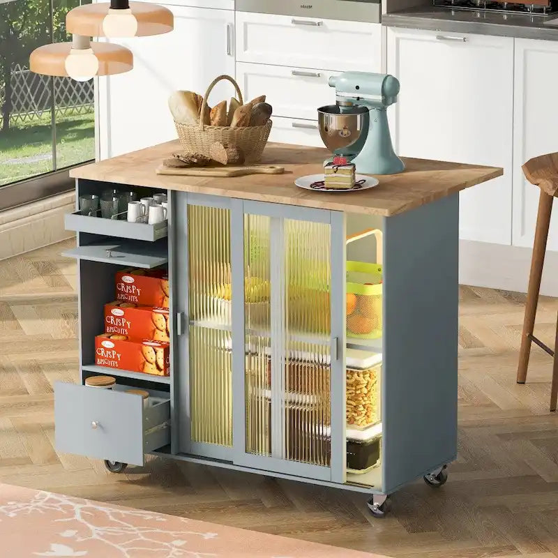 Desserte de cuisine roulante avec portes coulissantes en verre cannelé et éclairage LED