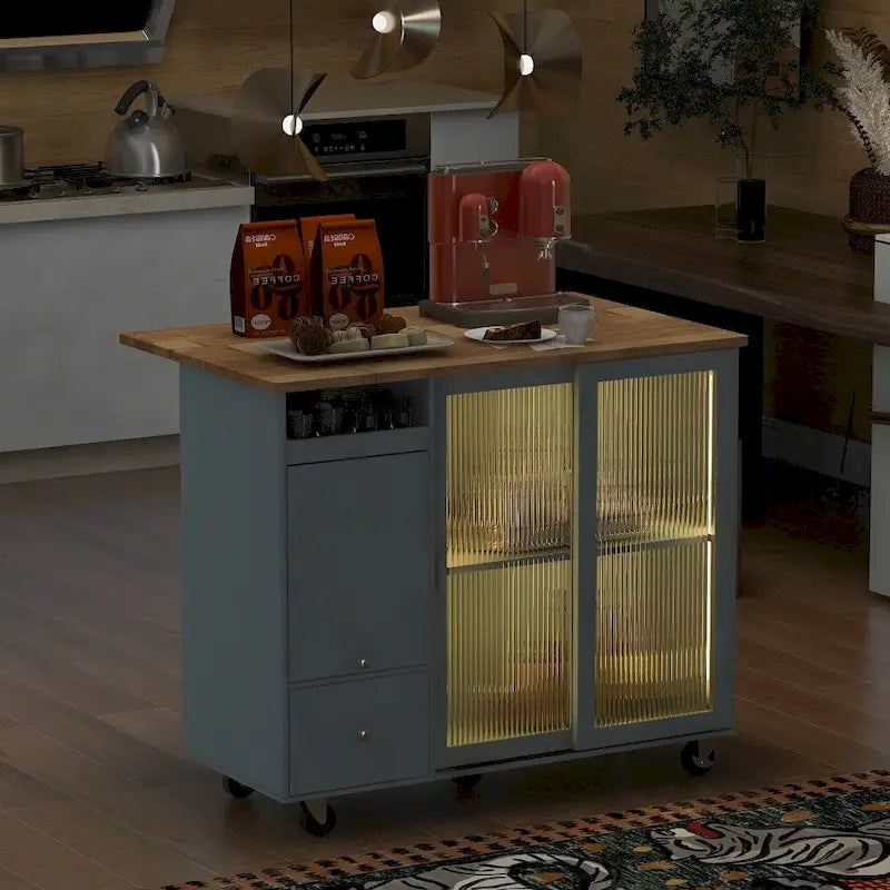 Desserte de cuisine roulante avec portes coulissantes en verre cannelé et éclairage LED