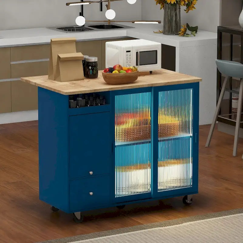 Desserte de cuisine roulante avec portes coulissantes en verre cannelé et éclairage LED