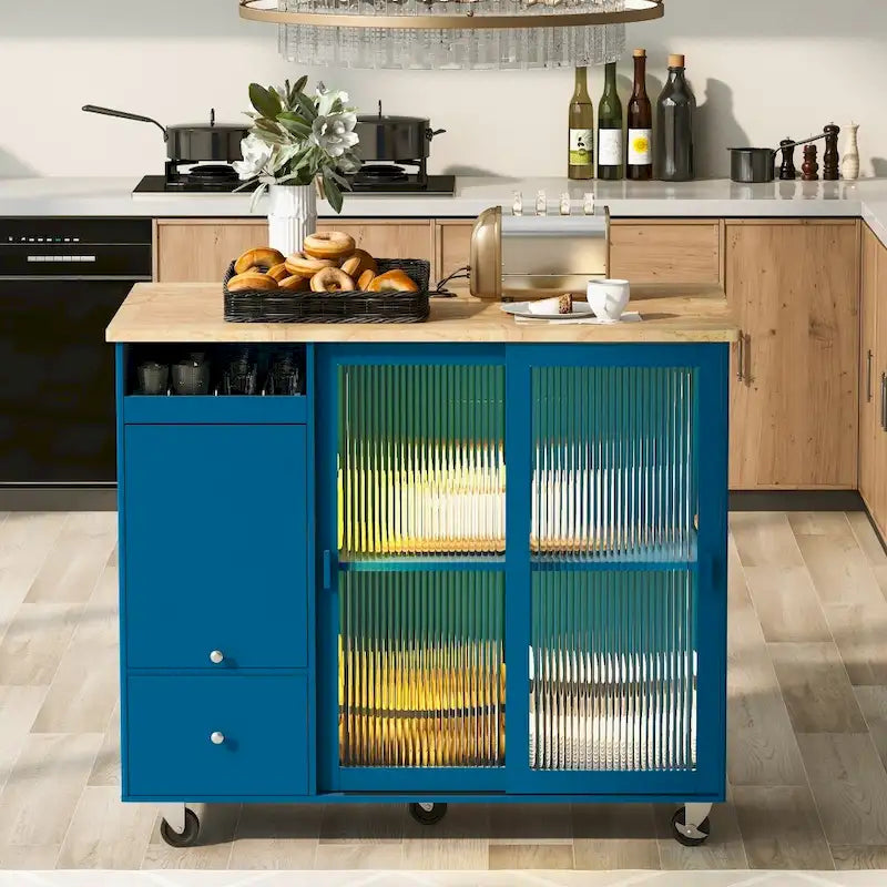 Desserte de cuisine roulante avec portes coulissantes en verre cannelé et éclairage LED