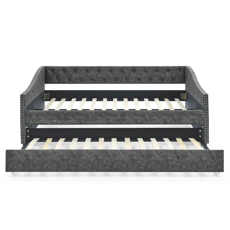 Lit de repos tapissé capitonné avec dossier capitonné à boutons et garniture cloutée, Gris et Beige
