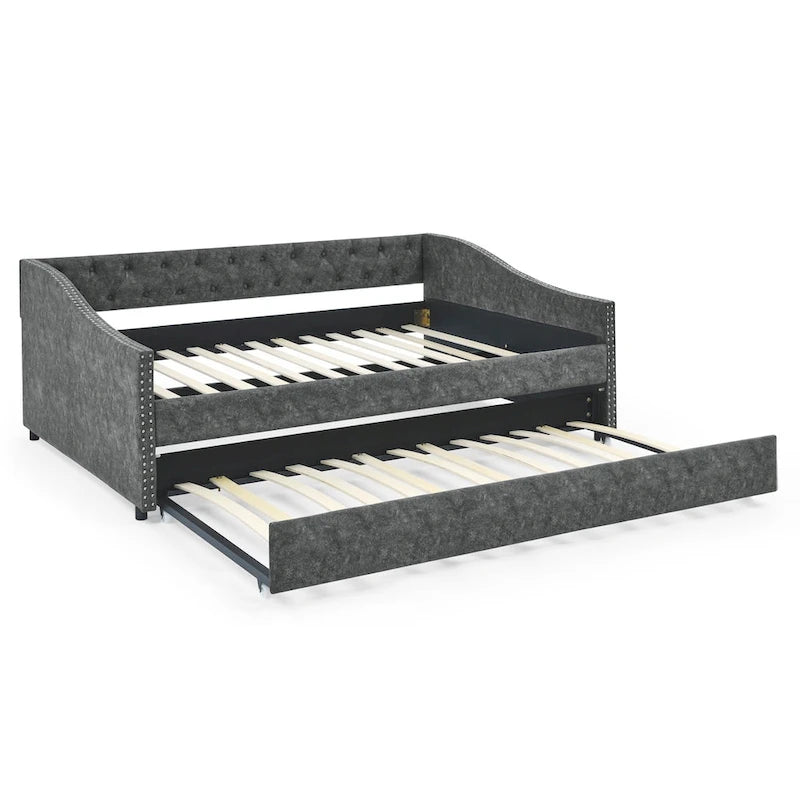 Lit de repos tapissé capitonné avec dossier capitonné à boutons et garniture cloutée, Gris et Beige