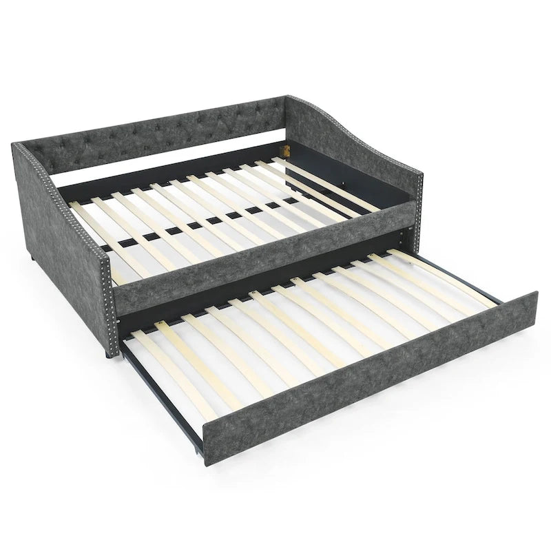 Lit de repos tapissé capitonné avec dossier capitonné à boutons et garniture cloutée, Gris et Beige