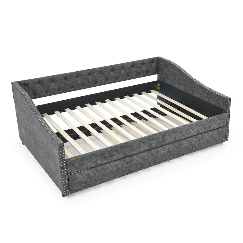 Lit de repos tapissé capitonné avec dossier capitonné à boutons et garniture cloutée, Gris et Beige