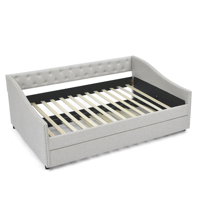 Lit de repos tapissé capitonné avec dossier capitonné à boutons et garniture cloutée, Gris et Beige