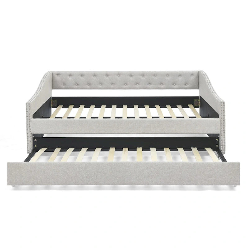 Lit de repos tapissé capitonné avec dossier capitonné à boutons et garniture cloutée, Gris et Beige