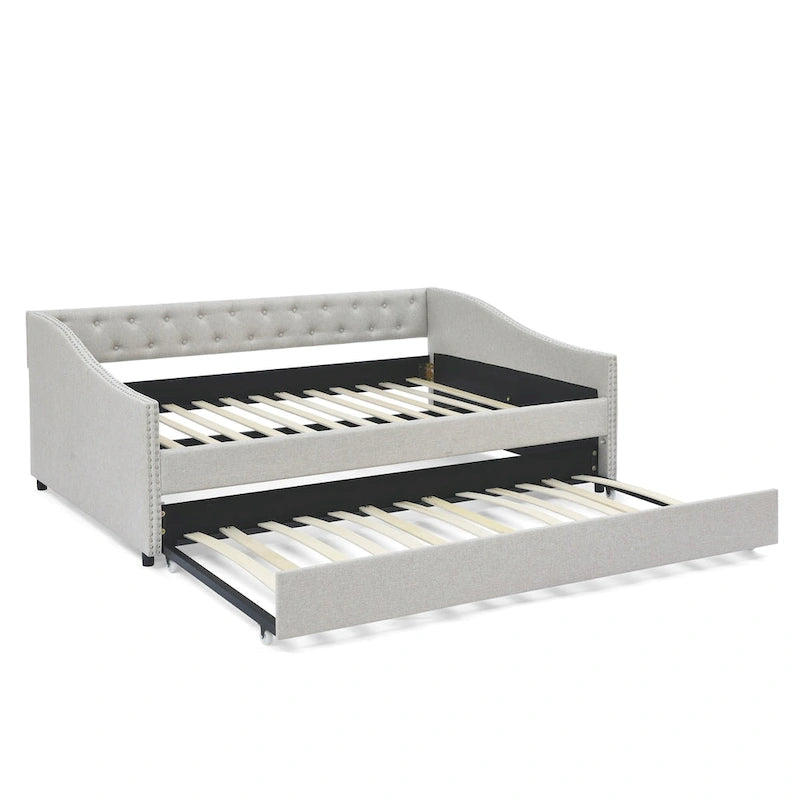Lit de repos tapissé capitonné avec dossier capitonné à boutons et garniture cloutée, Gris et Beige