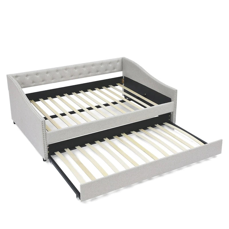 Lit de repos tapissé capitonné avec dossier capitonné à boutons et garniture cloutée, Gris et Beige