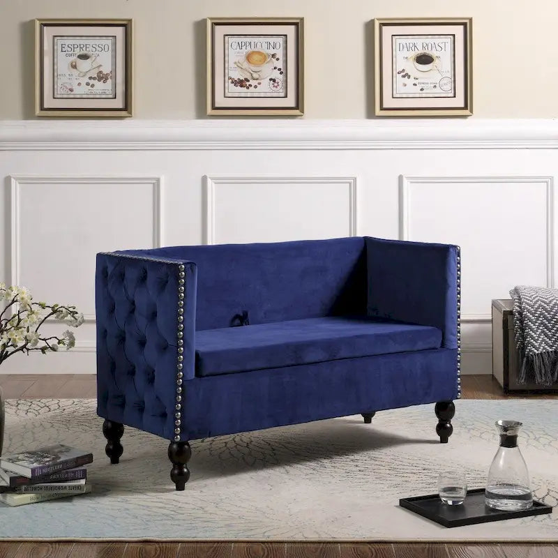 Modern Velvet Tufted Nailhead Storage Settee Loveseat