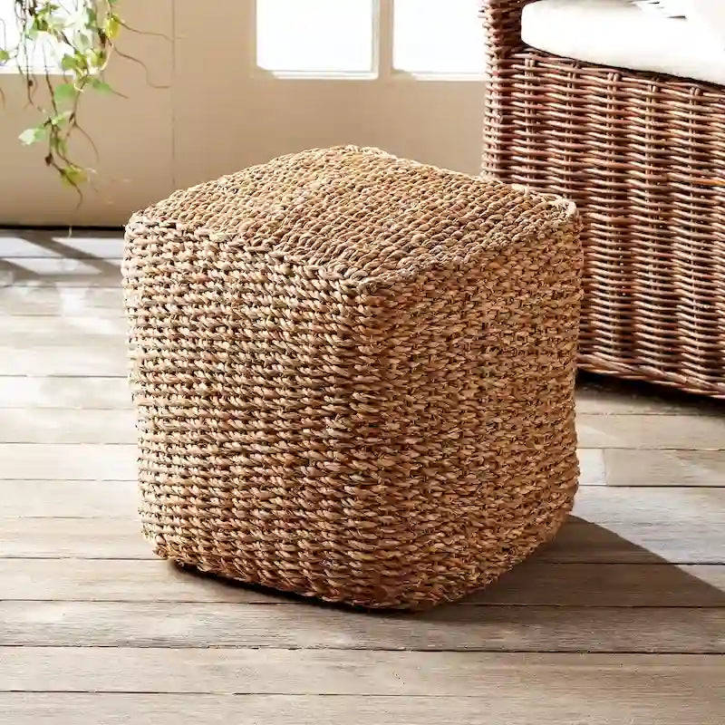 Pouf carré en jonc de mer tressé à la main, couleur naturelle, style bohème