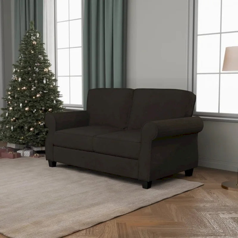 Causeuse classique à accoudoirs roulés et assise profonde gris-brun