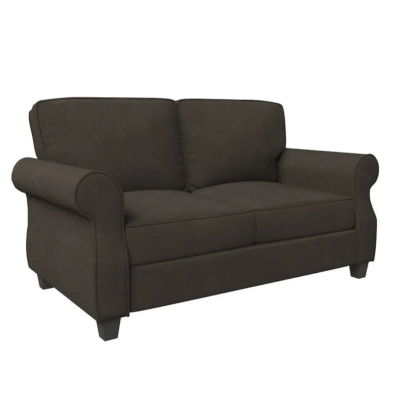 Causeuse classique à accoudoirs roulés et assise profonde gris-brun