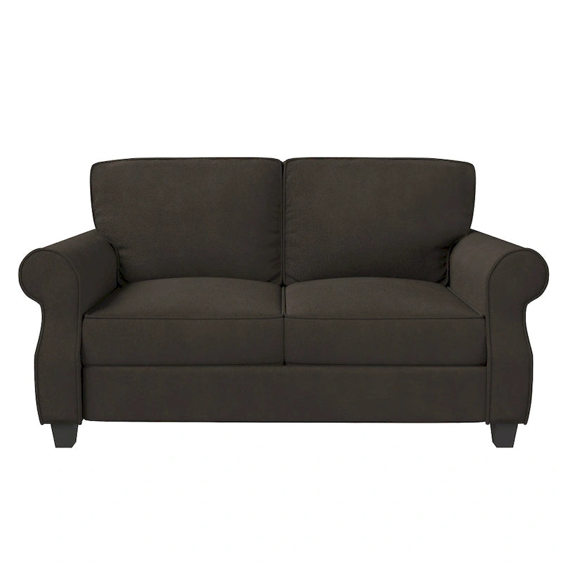 Causeuse classique à accoudoirs roulés et assise profonde gris-brun