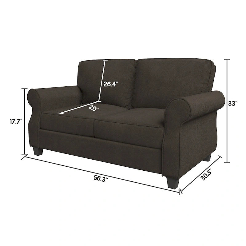 Causeuse classique à accoudoirs roulés et assise profonde gris-brun