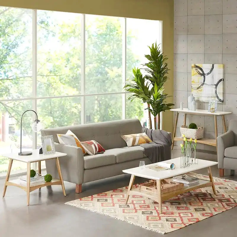 Table d'appoint mi-siècle moderne avec étagère inférieure, bois naturel blanc cassé