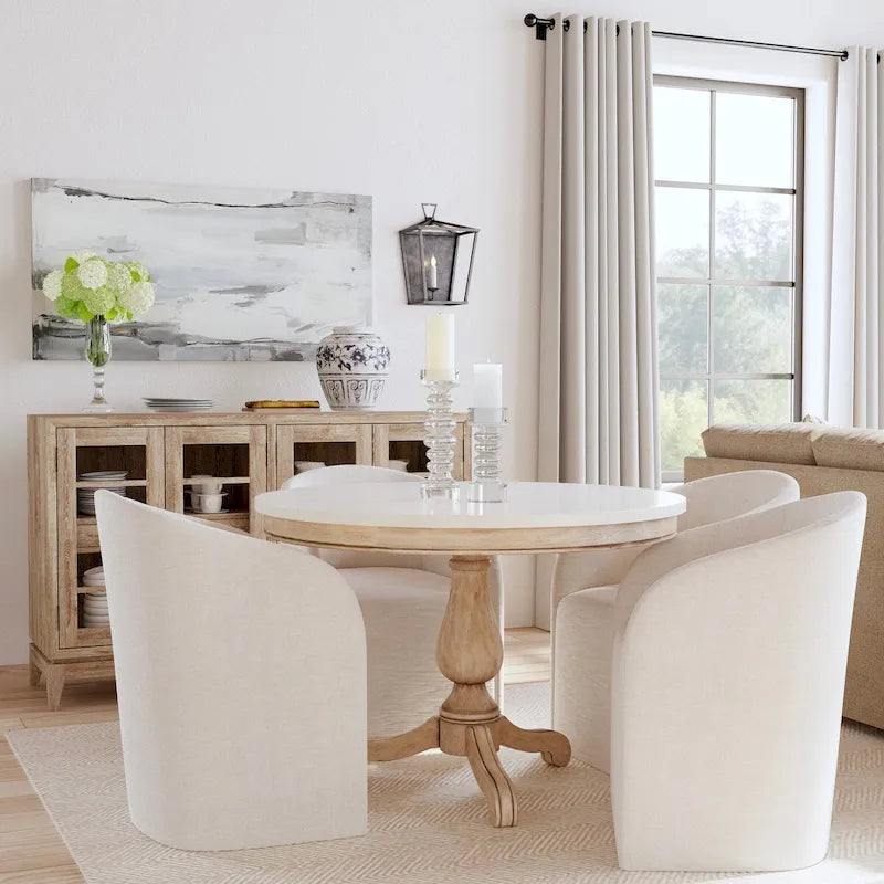 Table à manger ronde à plateau en marbre et pied en bois sculpté beige gris