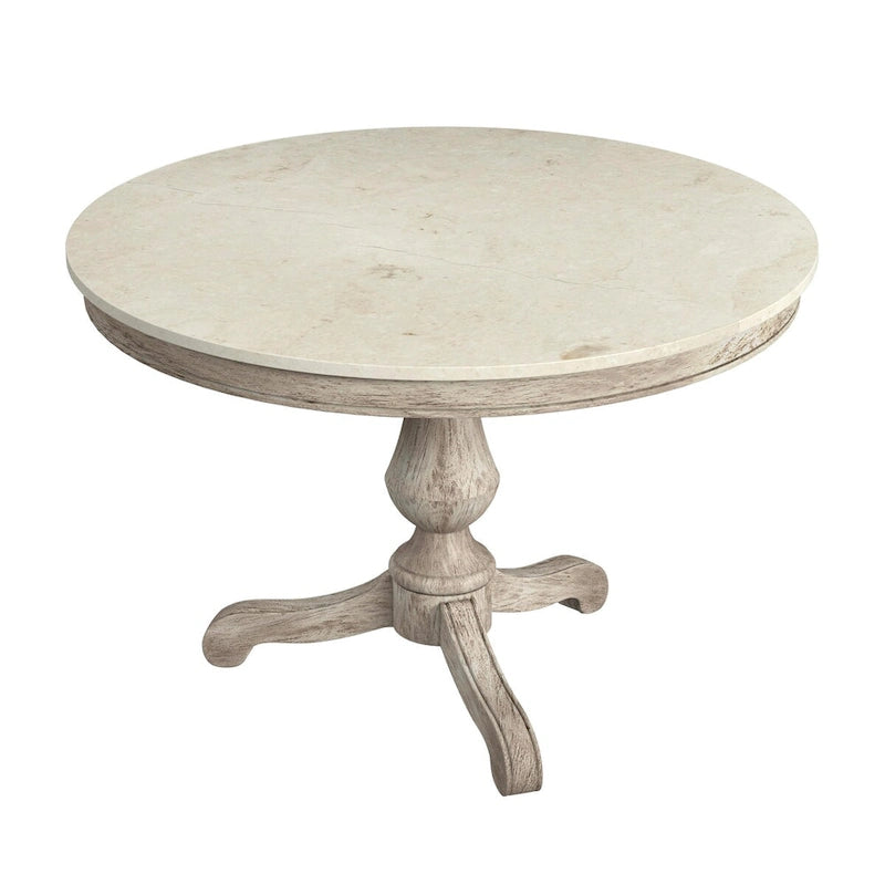 Table à manger ronde à plateau en marbre et pied en bois sculpté beige gris